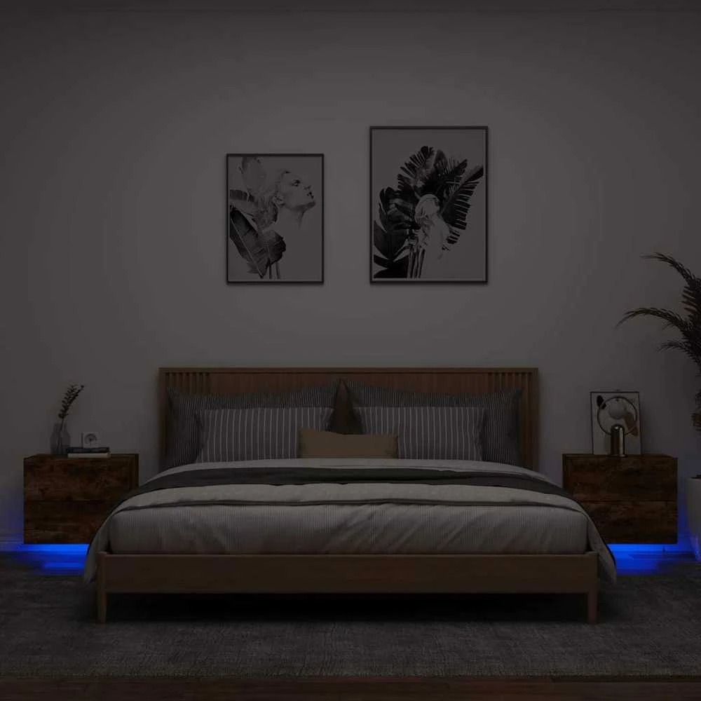 Sieninės naktinės spintelės su LED, 2vnt., dūminio ąžuolo