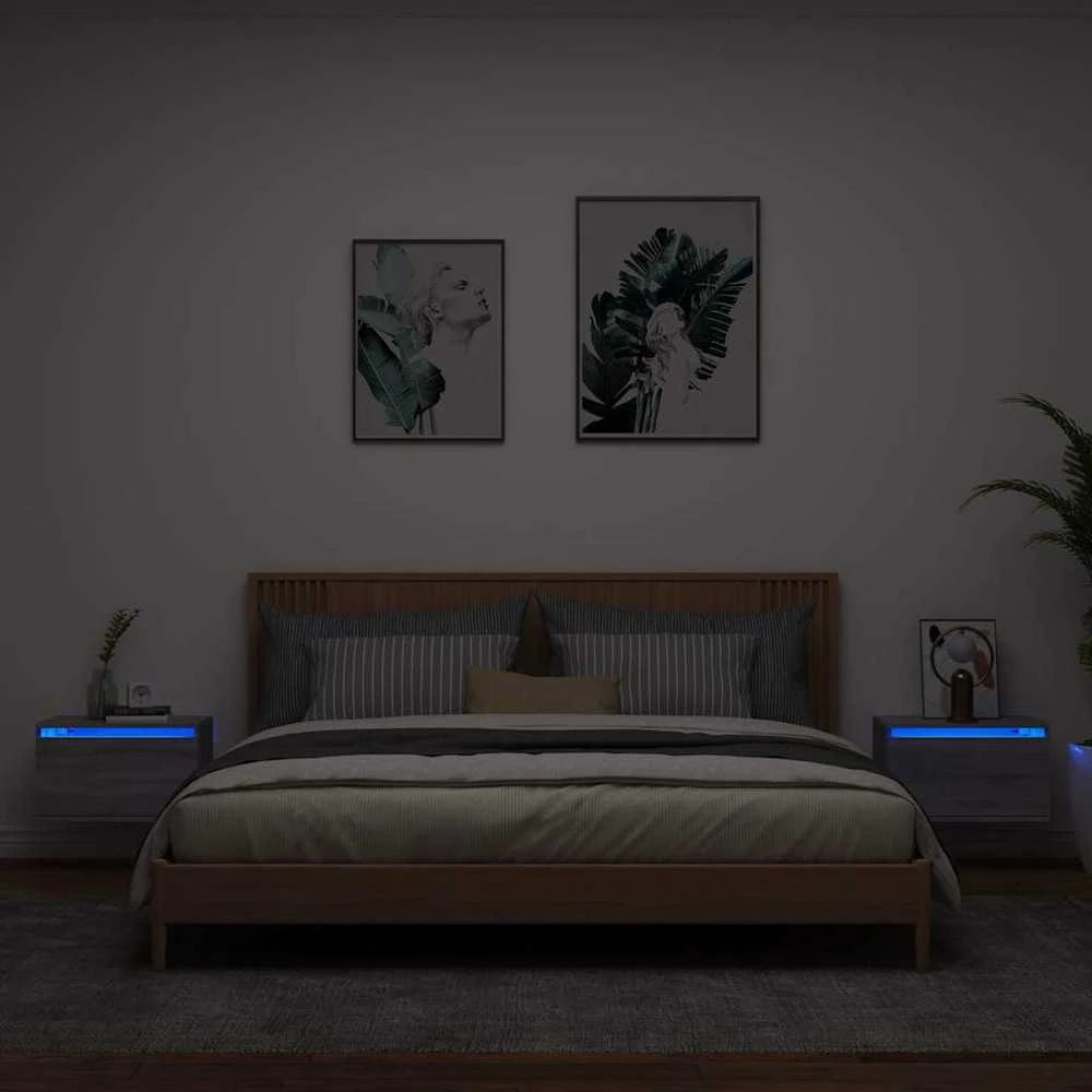 Sieninės naktinės spintelės su LED, 2vnt., pilkos ąžuolo