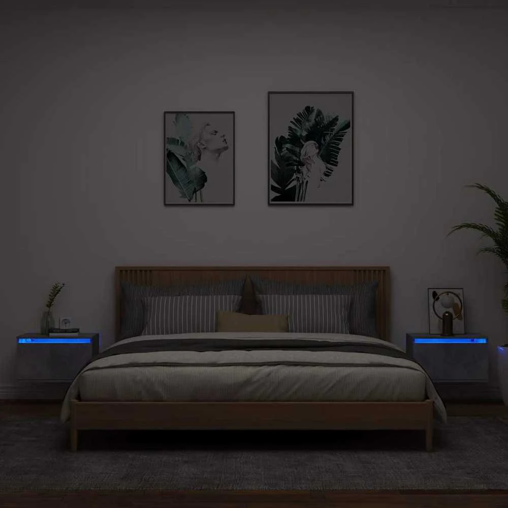 Sieninės naktinės spintelės su LED, 2vnt., betono pilkos