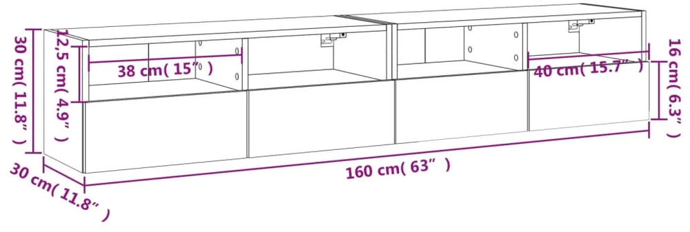 TV staliukas Sieninės TV spintelės, 2vnt., baltos, 80x30x30cm, mediena
