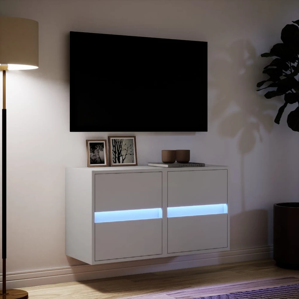 TV staliukas Sieninės TV spintelės su LED, 2vnt., baltos, 41x31x45cm