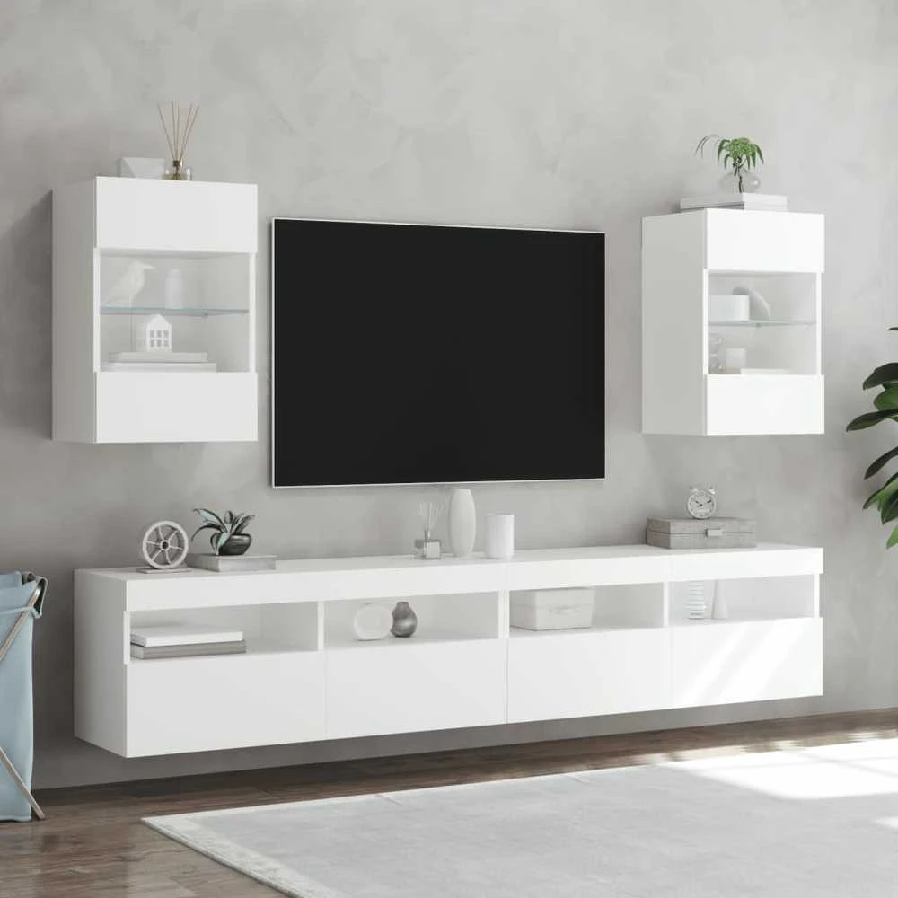 TV staliukas Sieninės TV spintelės su LED, 2vnt., baltos, 40x30x60,5cm