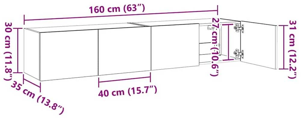 TV staliukas Sieninės TV spintelės su LED, 2vnt., baltos, 80x35x31cm