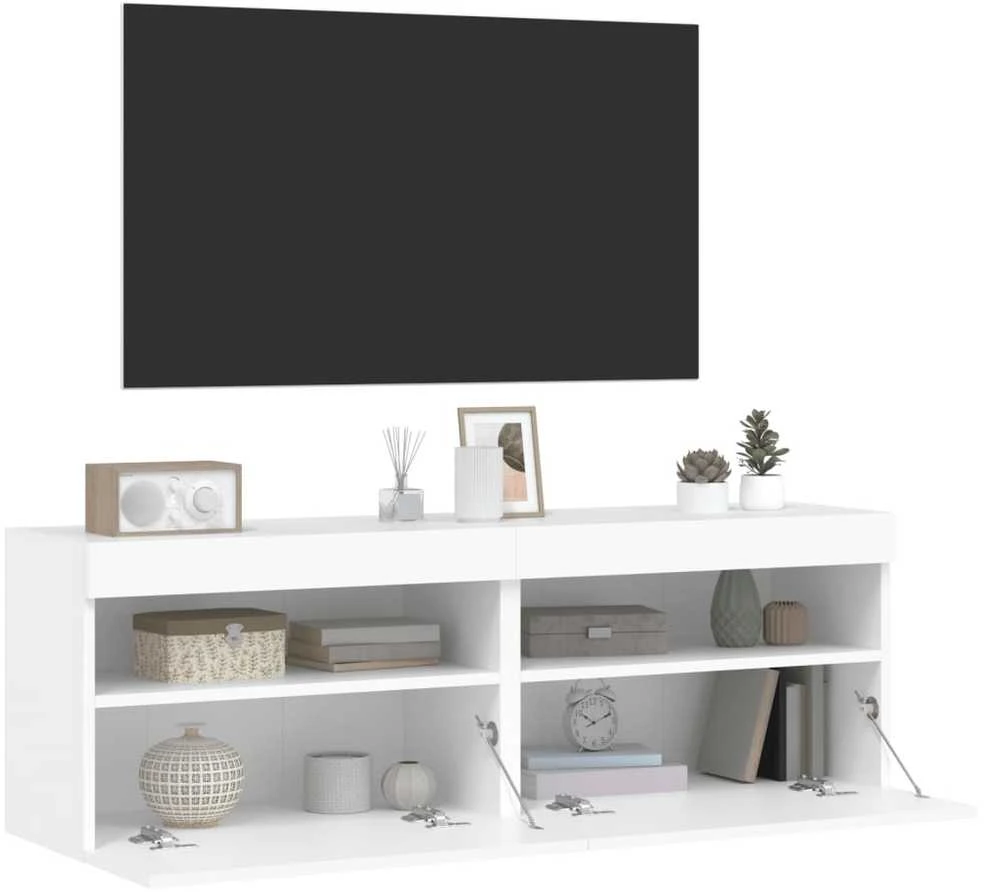 TV staliukas Sieninės TV spintelės su LED, 2vnt., baltos, 60x30x40cm