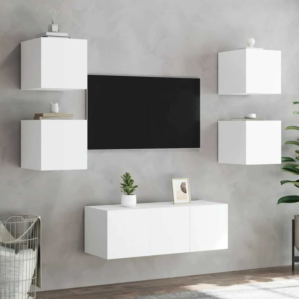 TV staliukas Sieninės TV spintelės su LED, 2vnt., baltos, 30,5x35x30cm