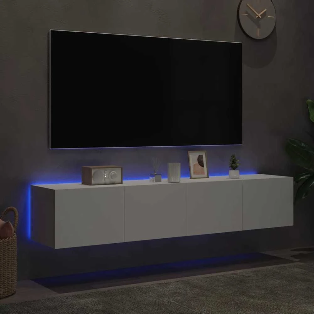 TV staliukas Sieninės TV spintelės su LED, 2vnt., baltos, 80x35x31cm