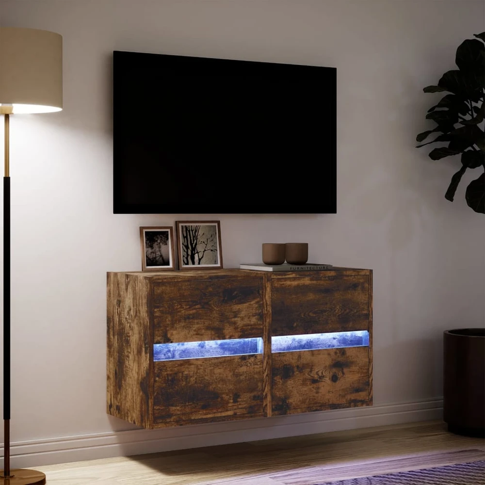 TV staliukas Sieninės TV spintelės su LED, 2vnt., dūminio ąžuolo, 41x31x45cm