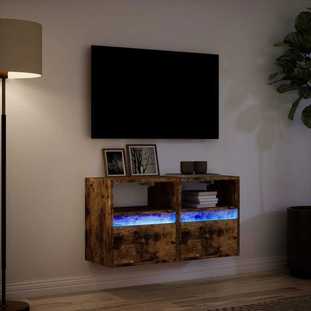 TV staliukas Sieninės TV spintelės su LED, 2vnt., dūminio ąžuolo, 41x31x45cm