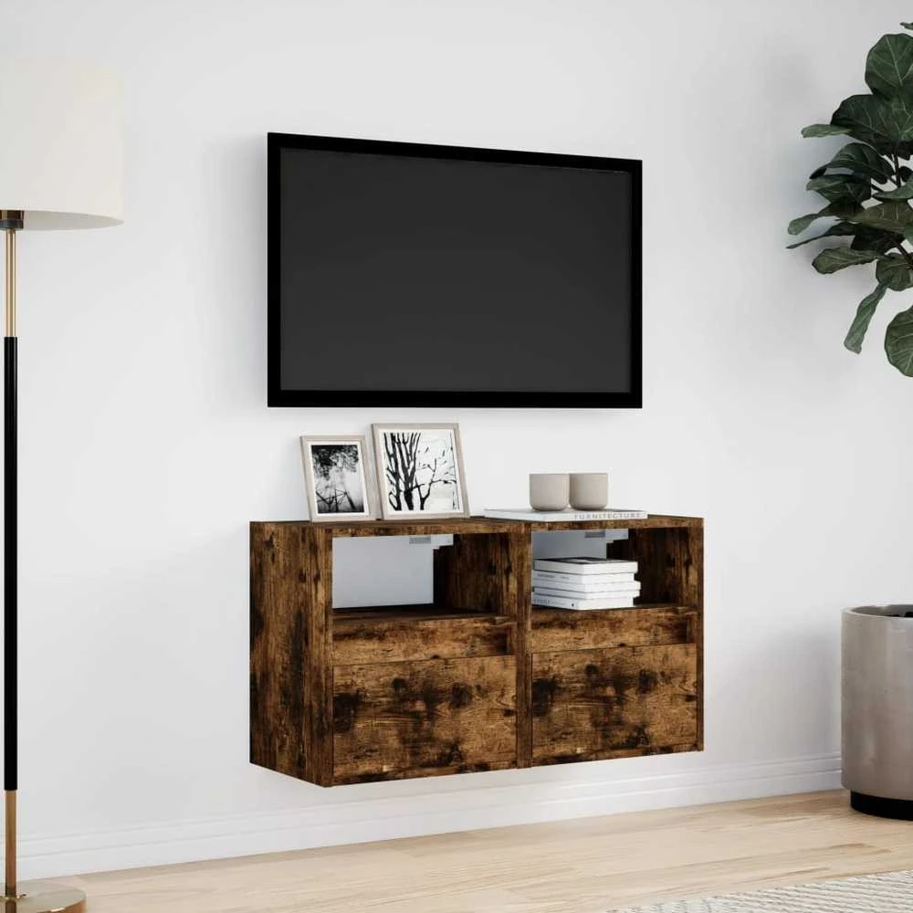 TV staliukas Sieninės TV spintelės su LED, 2vnt., dūminio ąžuolo, 41x31x45cm