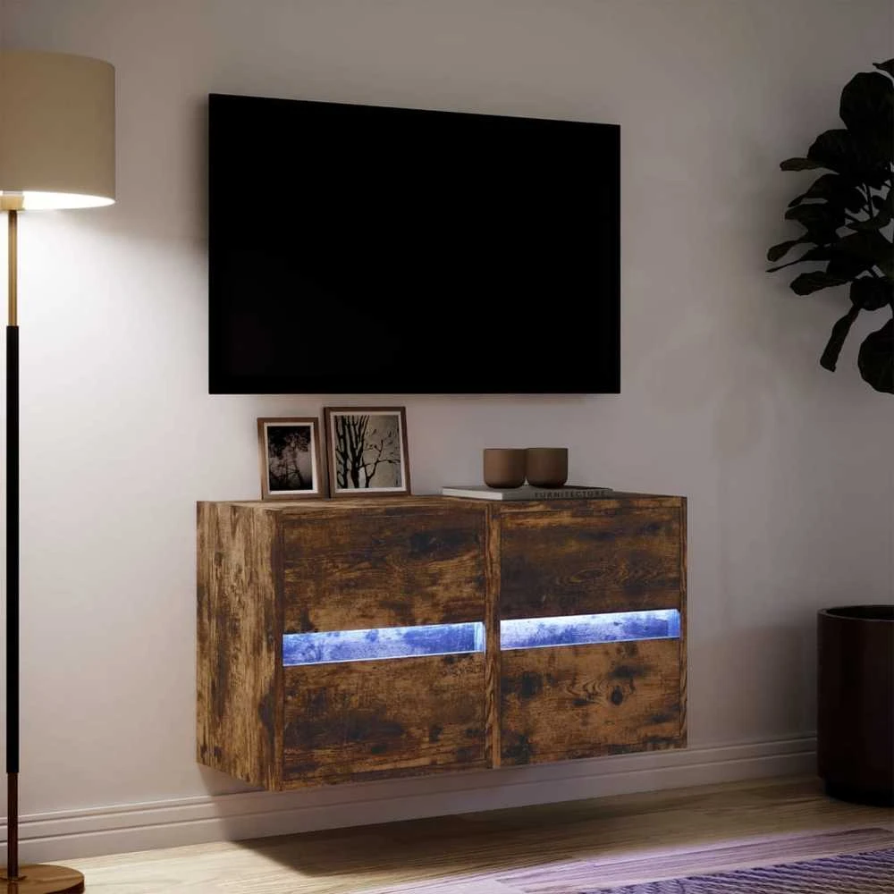 TV staliukas Sieninės TV spintelės su LED, 2vnt., dūminio ąžuolo, 41x31x45cm