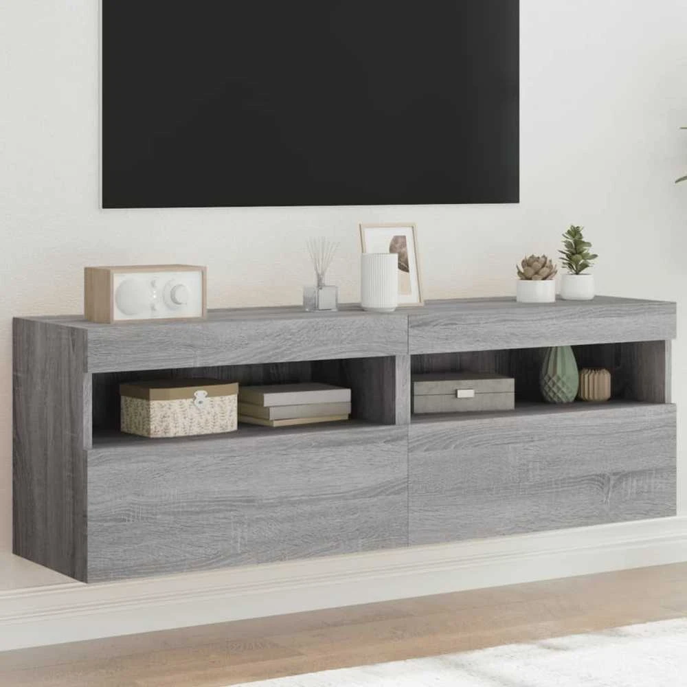 TV staliukas Sieninės TV spintelės su LED, 2vnt., pilka ąžuolo, 60x30x40cm