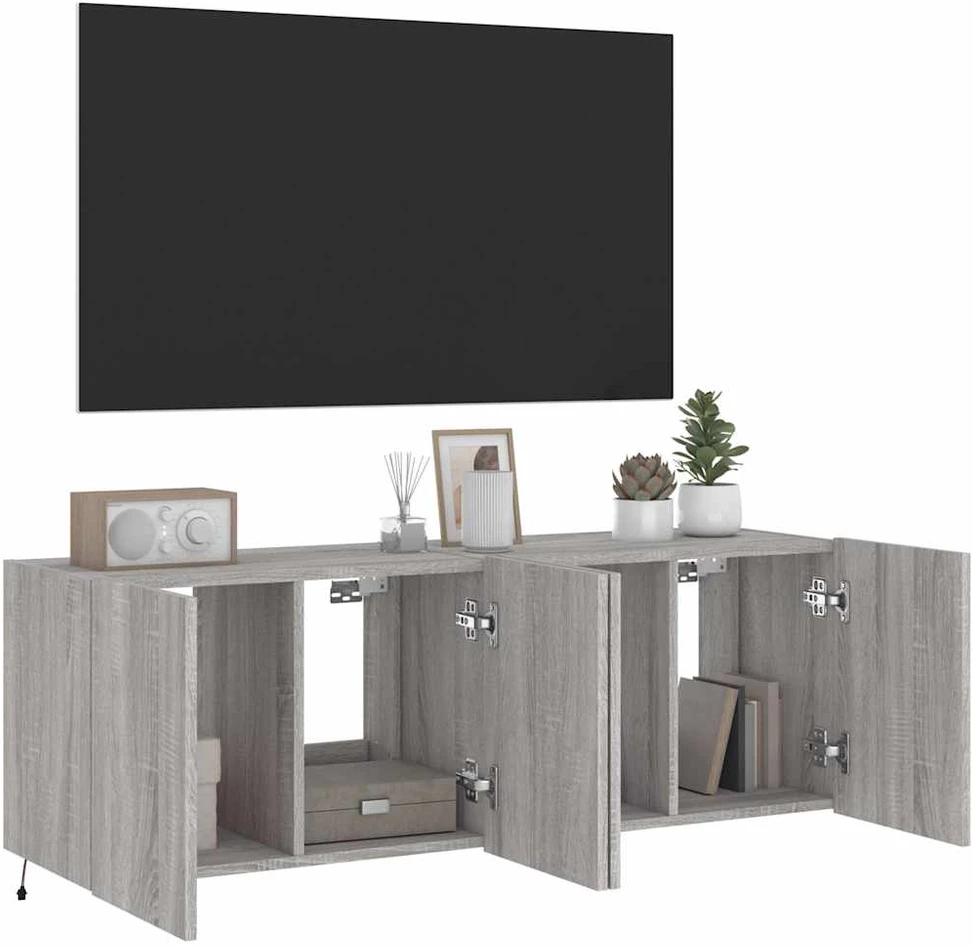 TV staliukas Sieninės TV spintelės su LED, 2vnt., pilkos ąžuolo, 60x35x41cm