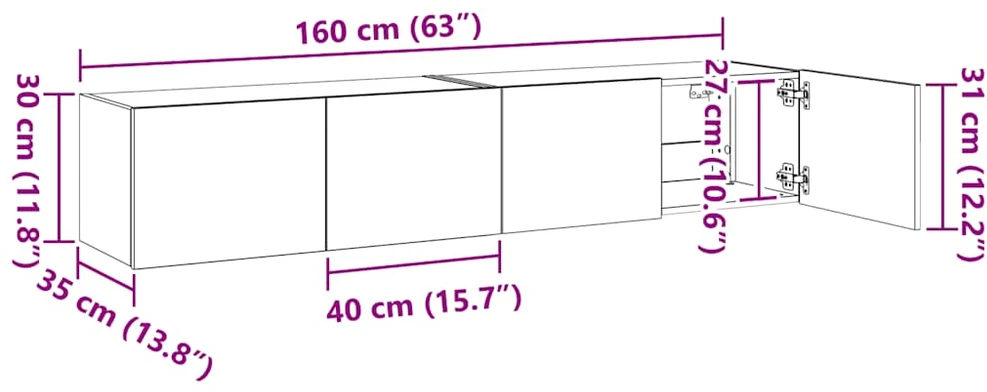TV staliukas Sieninės TV spintelės su LED, 2vnt., pilkos ąžuolo, 80x35x31cm