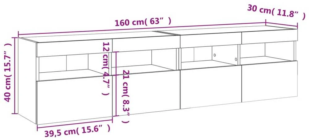 TV staliukas Sieninės TV spintelės su LED, 2vnt., sonoma ąžuolo, 80x30x40cm