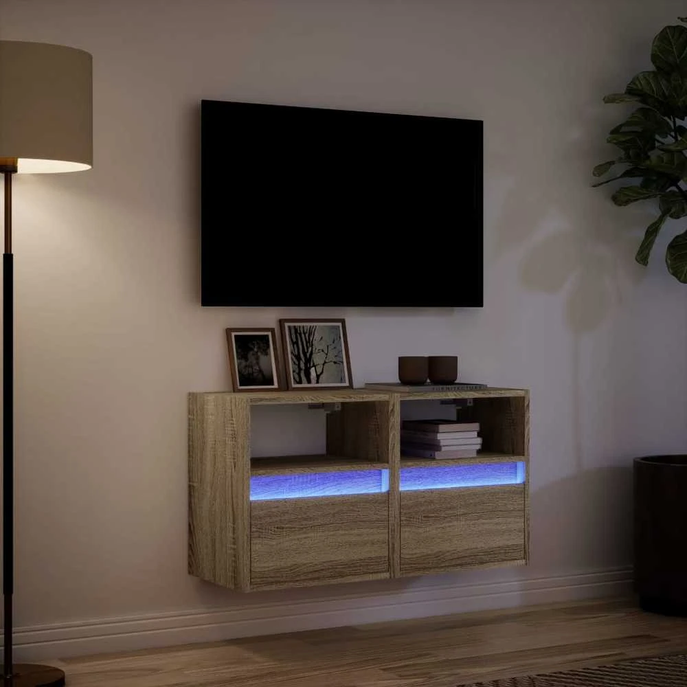 TV staliukas Sieninės TV spintelės su LED, 2vnt., sonoma ąžuolo, 41x31x45cm