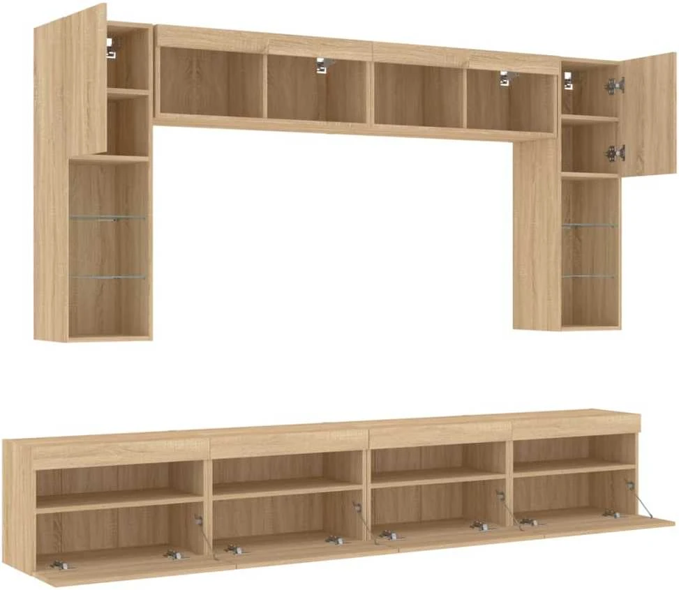 TV staliukas Sieninės TV spintelės su LED lemputėmis, 8vnt., ąžuolo spalvos