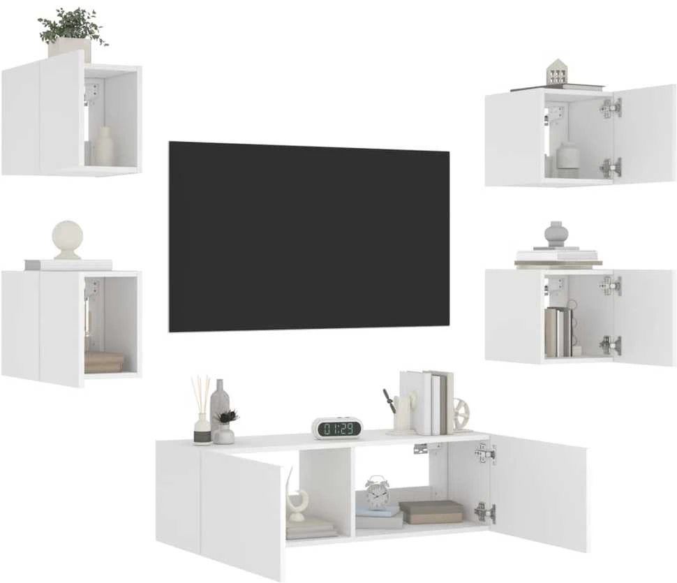 TV staliukas Sieninės TV spintelės su LED lemputėmis, 5 dalių, baltos