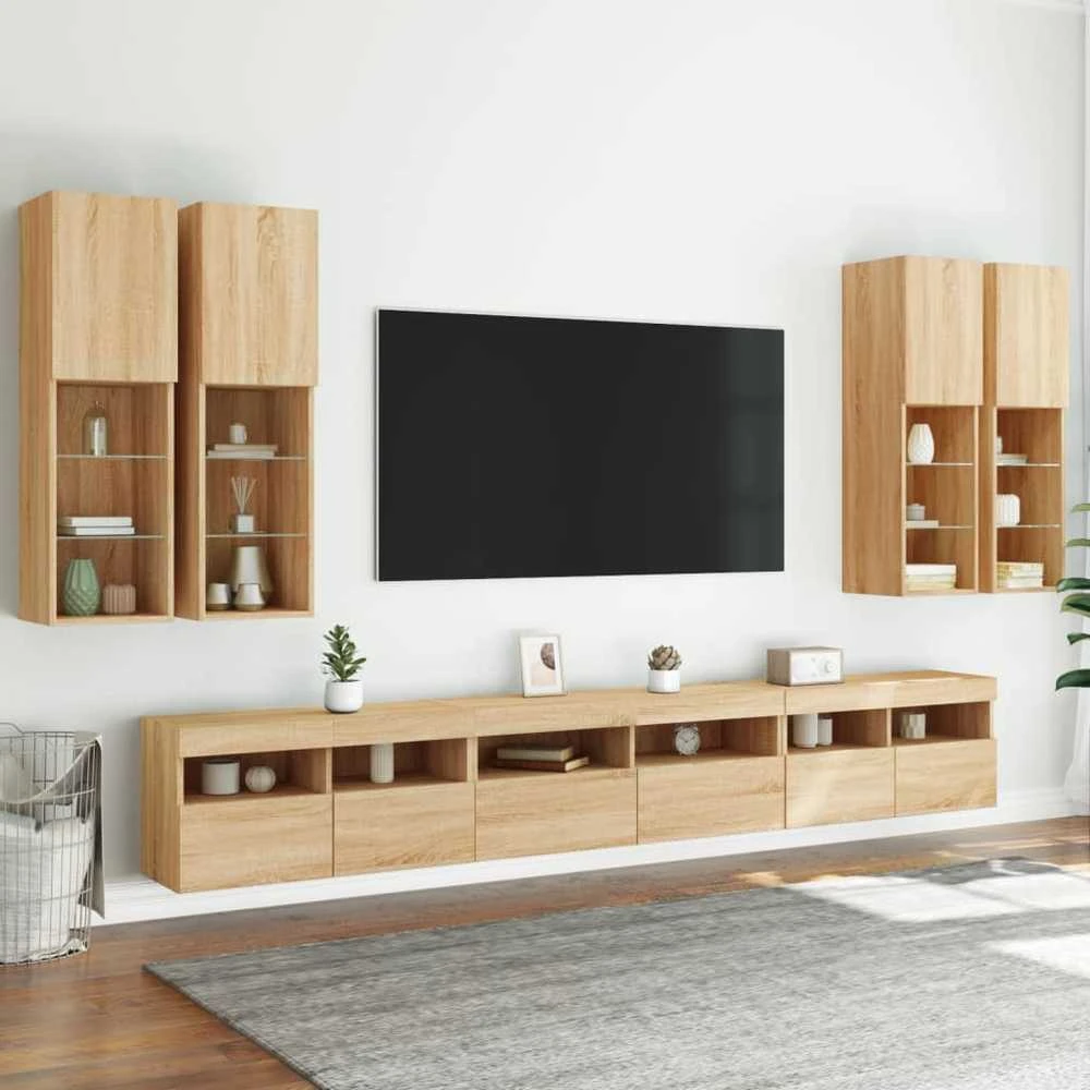TV staliukas Sieninės TV spintelės su LED lemputėmis, 7vnt., ąžuolo spalvos