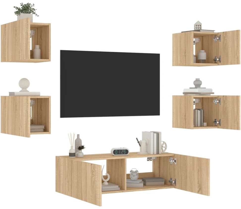 TV staliukas Sieninės TV spintelės su LED lemputėmis, 5 dalių, ąžuolo
