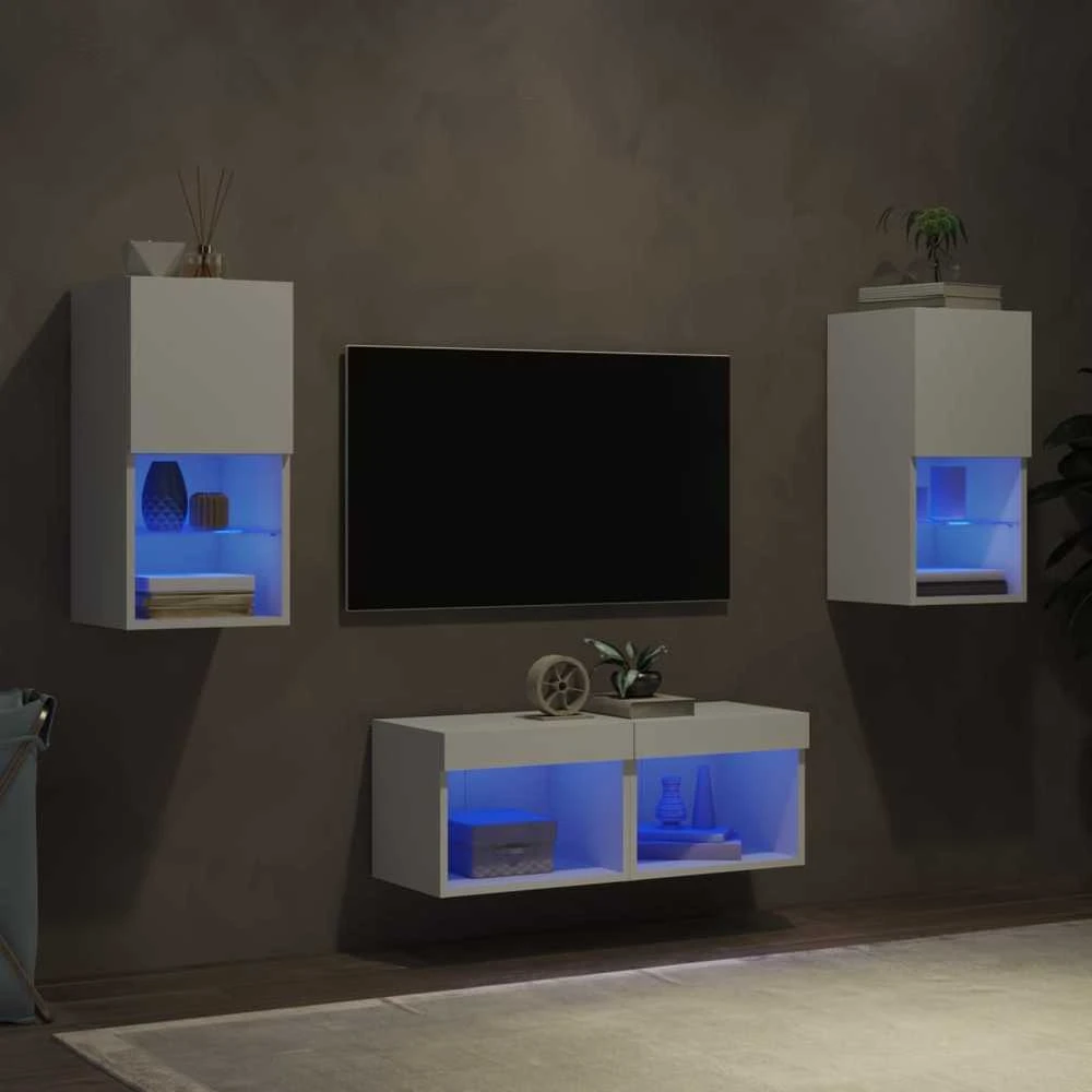 TV staliukas Sieninės TV spintelės su LED lemputėmis, 4 dalių, baltos