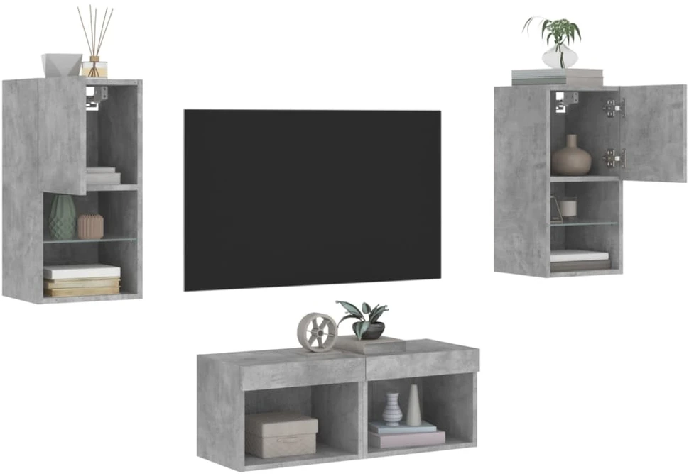 TV staliukas Sieninės TV spintelės su LED lemputėmis, 4 dalių, betono pilkos