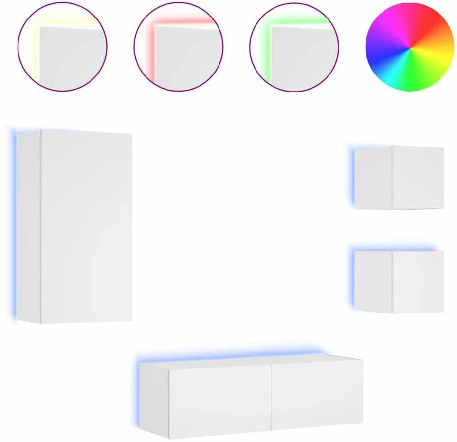 TV staliukas Sieninės TV spintelės su LED lemputėmis, 4 dalių, baltos