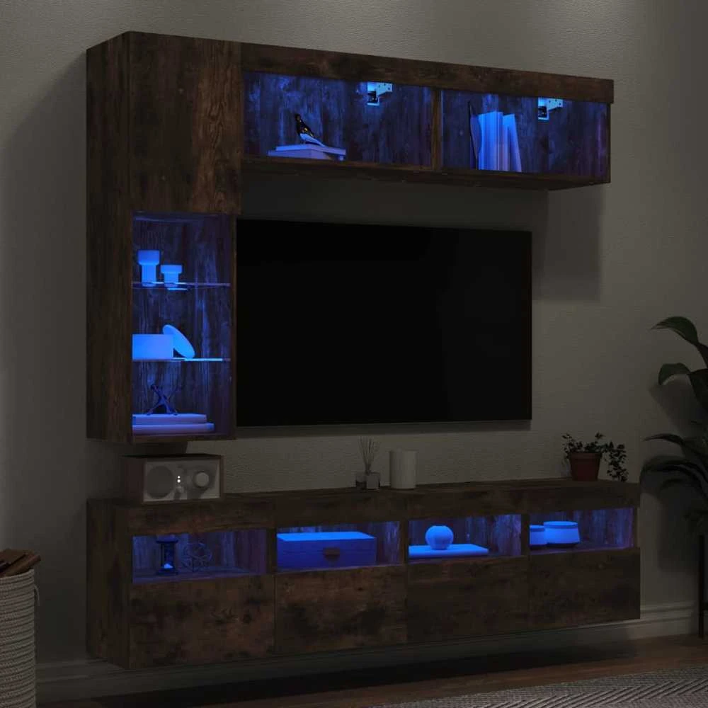 TV staliukas Sieninės TV spintelės su LED lemputėmis, 7vnt., dūminės ąžuolo