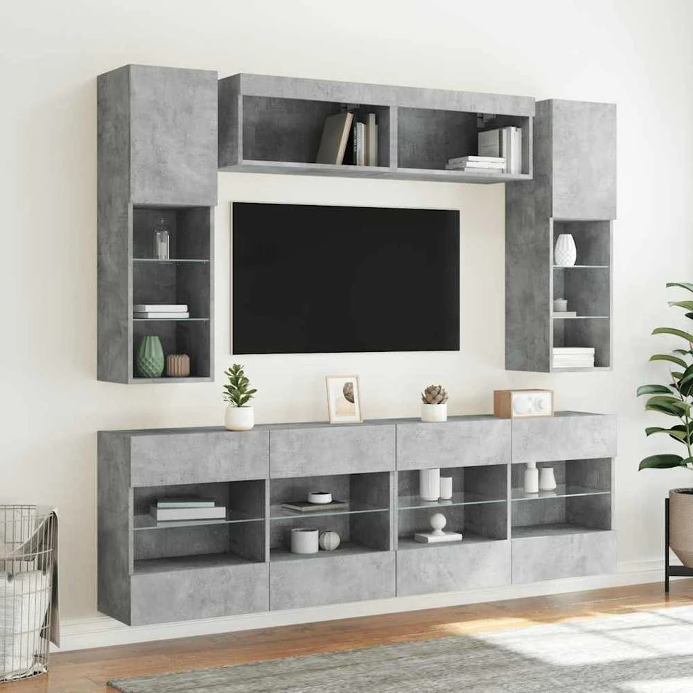 TV staliukas Sieninės TV spintelės su LED lemputėmis, 6vnt., betono pilkos