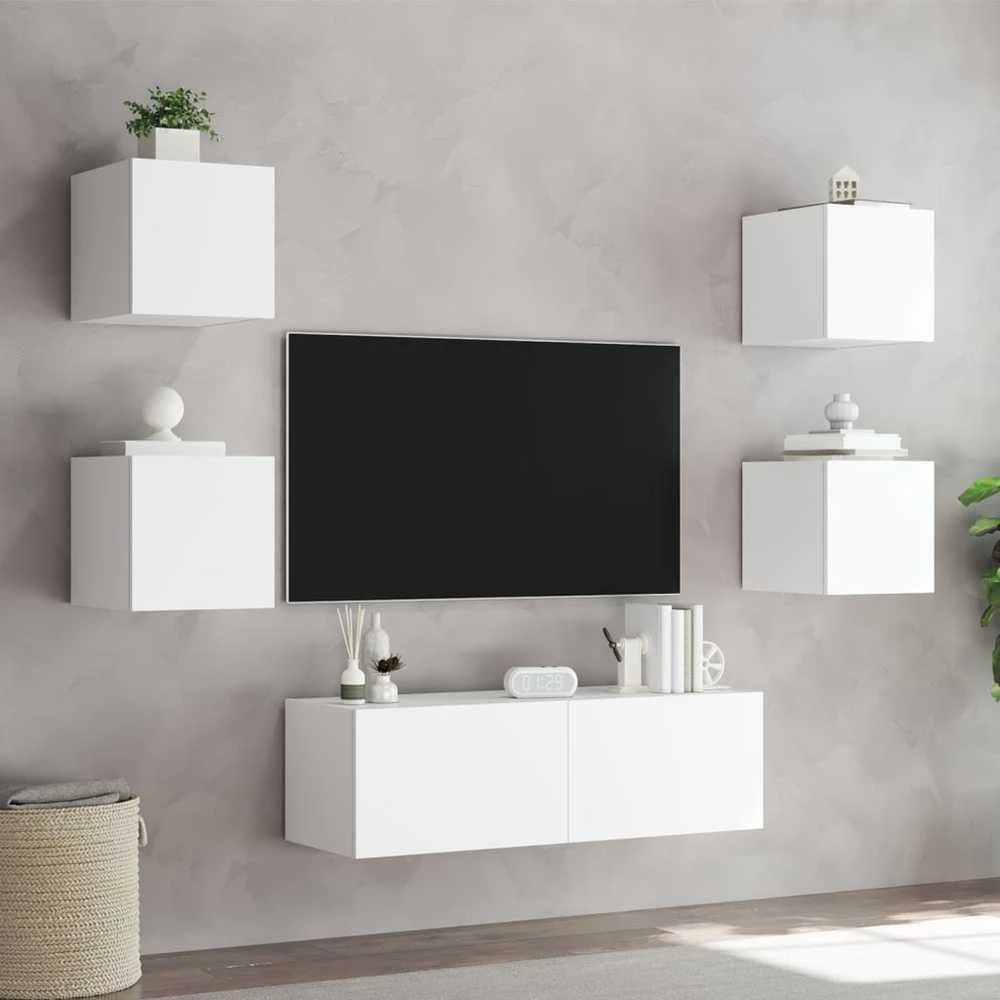 TV staliukas Sieninės TV spintelės su LED lemputėmis, 5 dalių, baltos