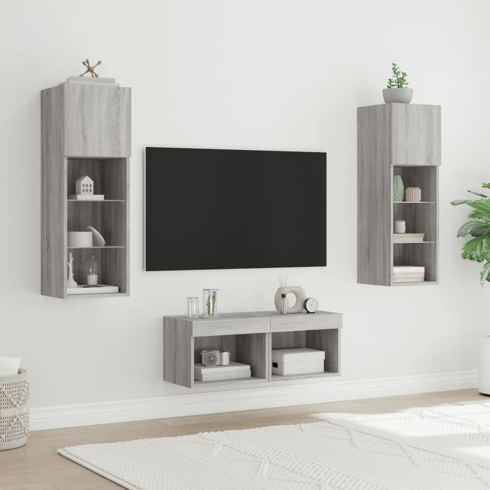 TV staliukas Sieninės TV spintelės su LED lemputėmis, 4 dalių, pilkos ąžuolo