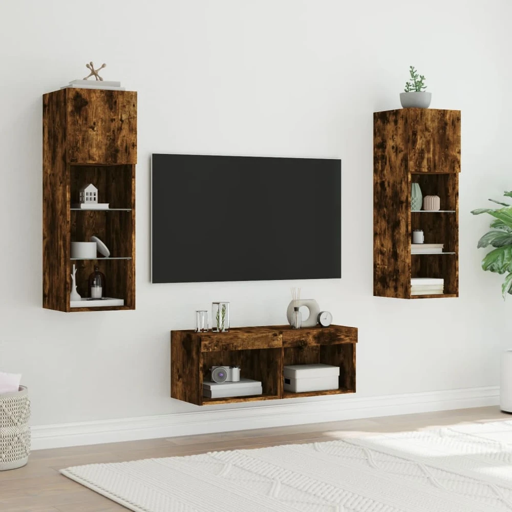 TV staliukas Sieninės TV spintelės su LED lemputėmis, 4 dalių, dūminės