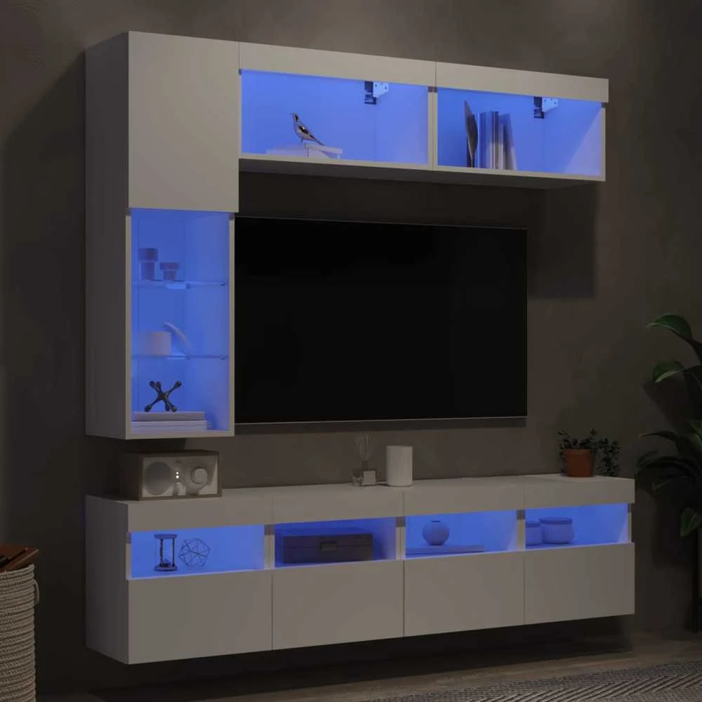 TV staliukas Sieninės TV spintelės su LED lemputėmis, 7vnt., baltos spalvos
