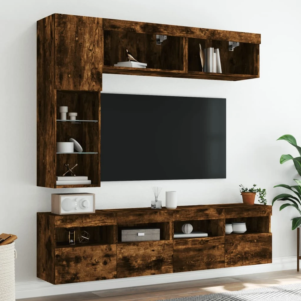 TV staliukas Sieninės TV spintelės su LED lemputėmis, 7vnt., dūminės ąžuolo