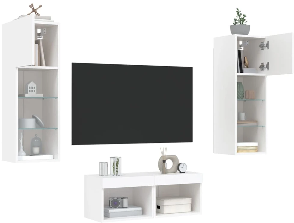 TV staliukas Sieninės TV spintelės su LED lemputėmis, 4 dalių, baltos