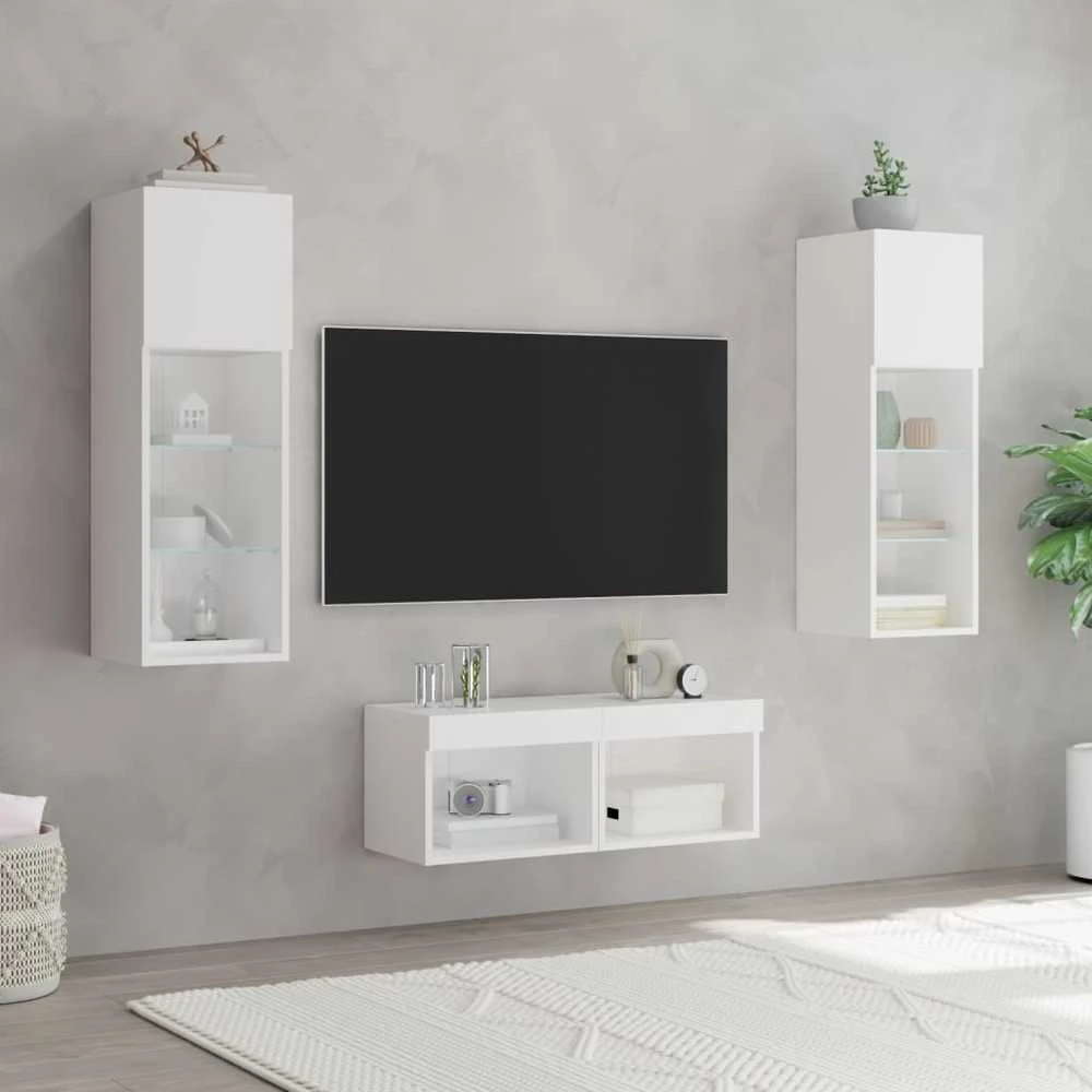TV staliukas Sieninės TV spintelės su LED lemputėmis, 4 dalių, baltos