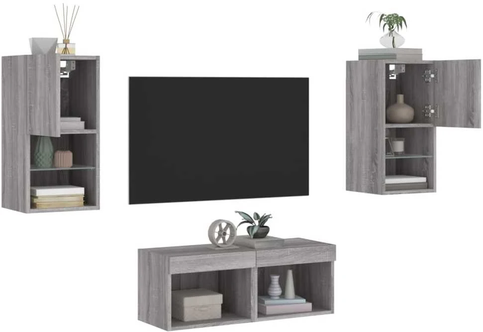 TV staliukas Sieninės TV spintelės su LED lemputėmis, 4 dalių, pilkos ąžuolo