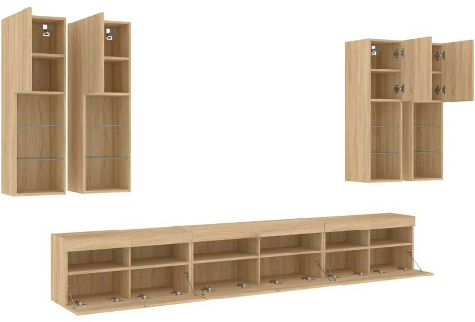 TV staliukas Sieninės TV spintelės su LED lemputėmis, 7vnt., ąžuolo spalvos