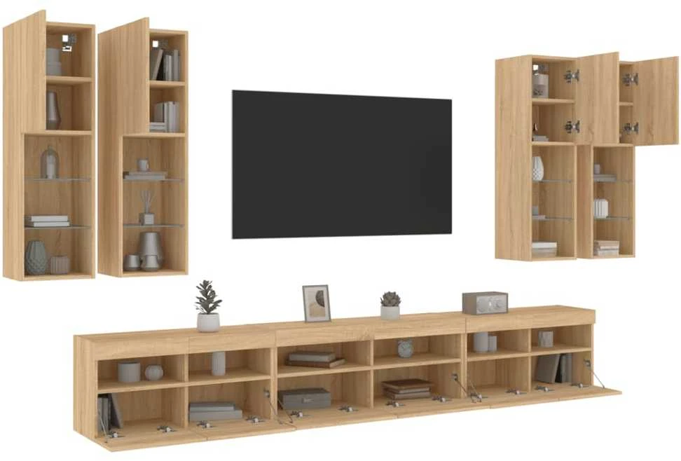 TV staliukas Sieninės TV spintelės su LED lemputėmis, 7vnt., ąžuolo spalvos