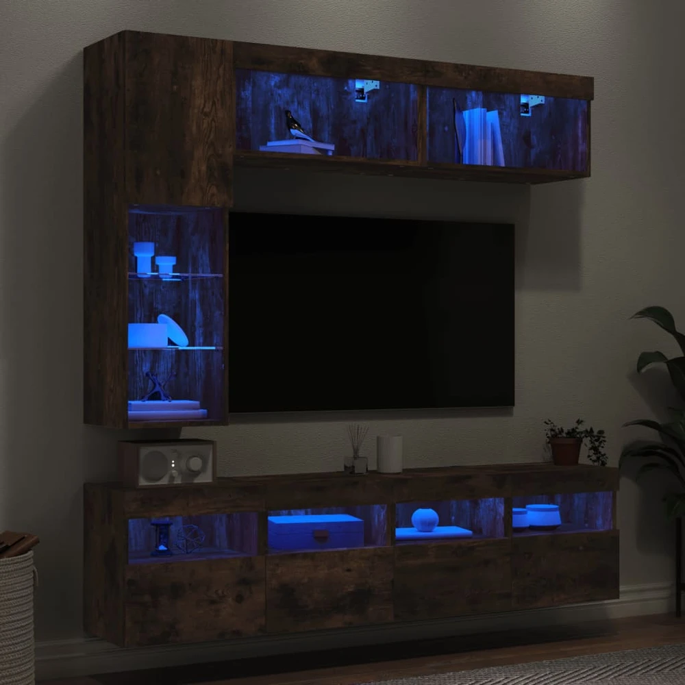 TV staliukas Sieninės TV spintelės su LED lemputėmis, 7vnt., dūminės ąžuolo