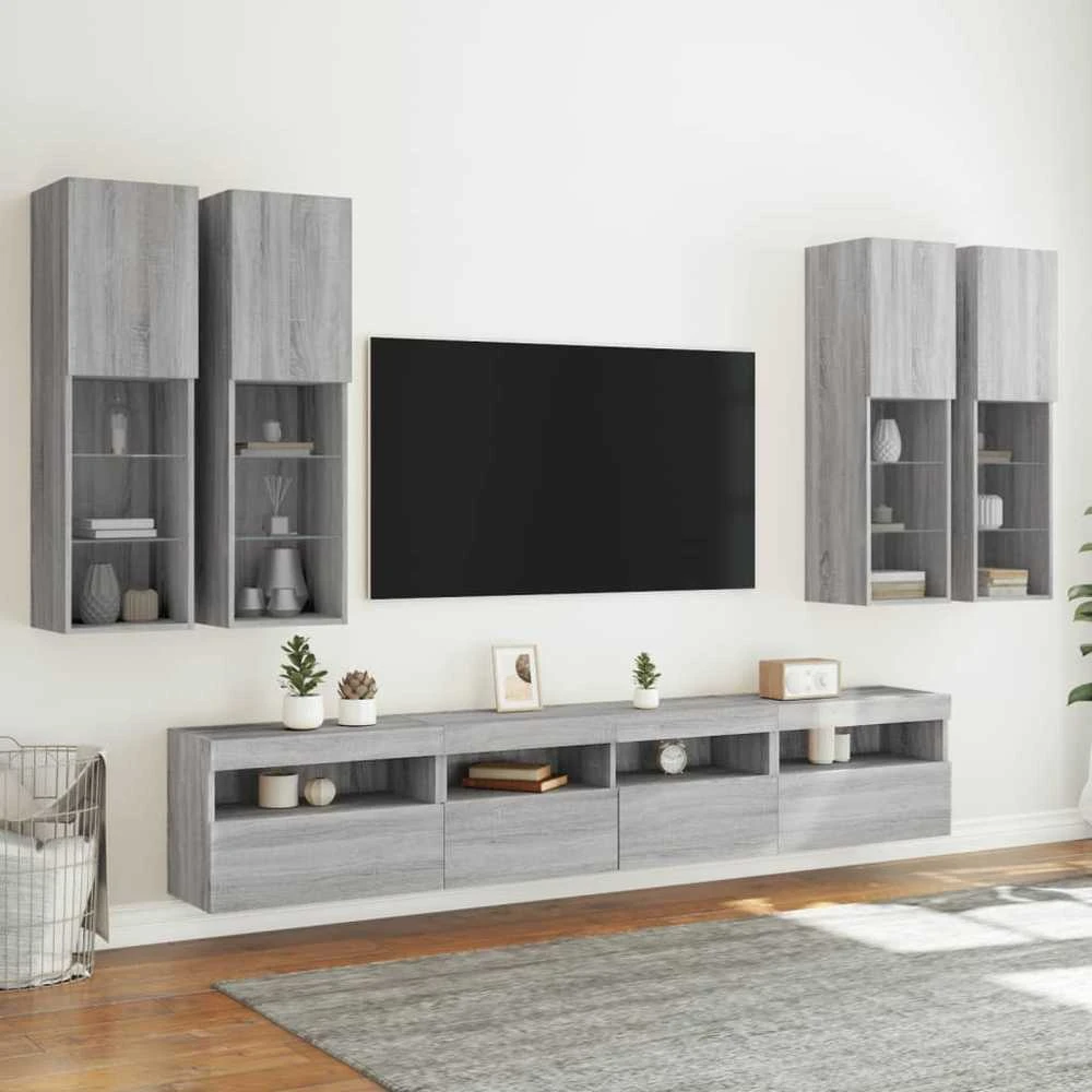 TV staliukas Sieninės TV spintelės su LED lemputėmis, 7vnt., pilkos ąžuolo
