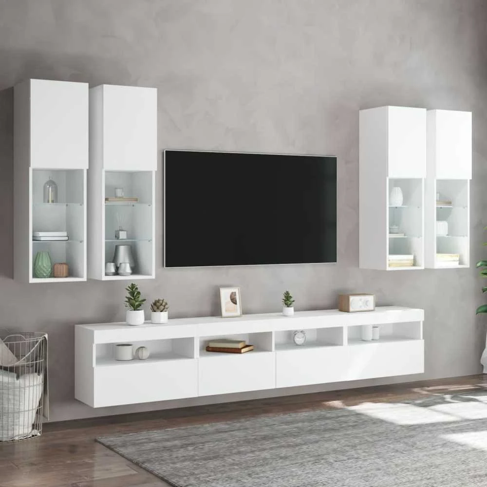 TV staliukas Sieninės TV spintelės su LED lemputėmis, 7vnt., baltos spalvos