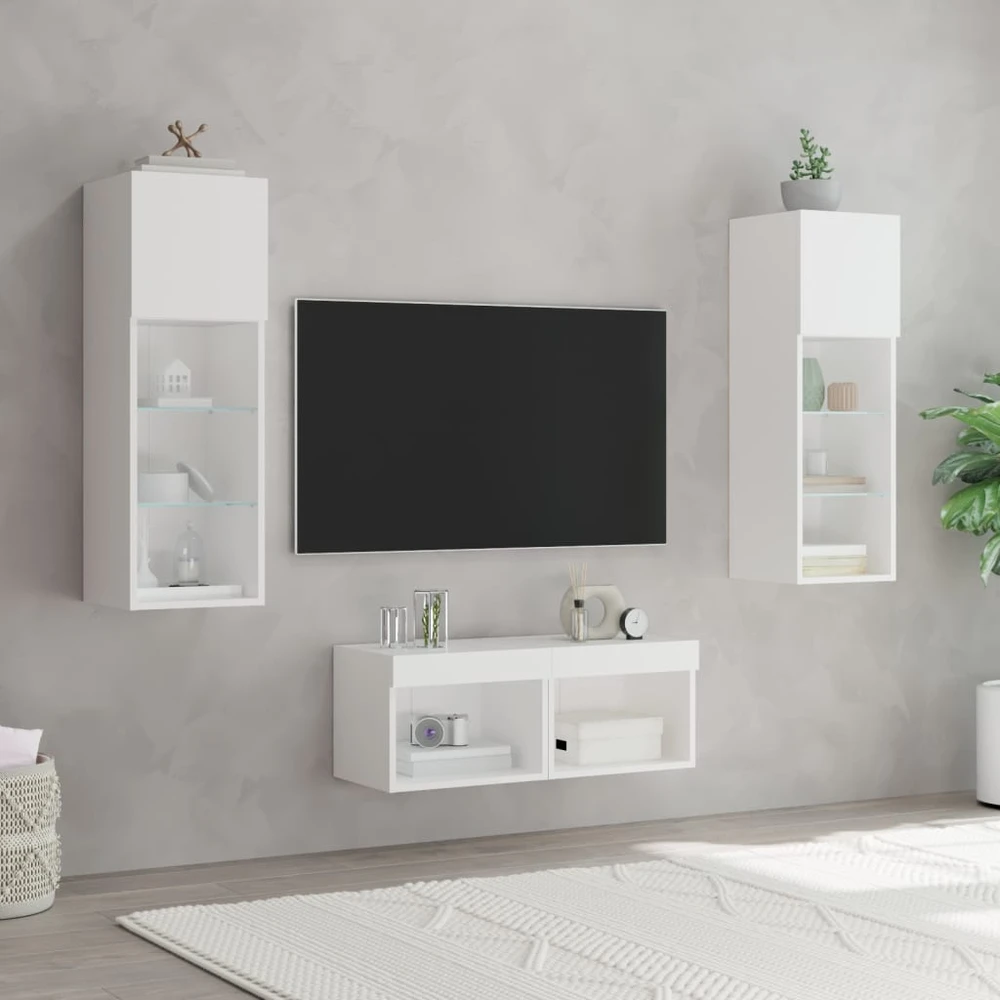 TV staliukas Sieninės TV spintelės su LED lemputėmis, 4 dalių, baltos