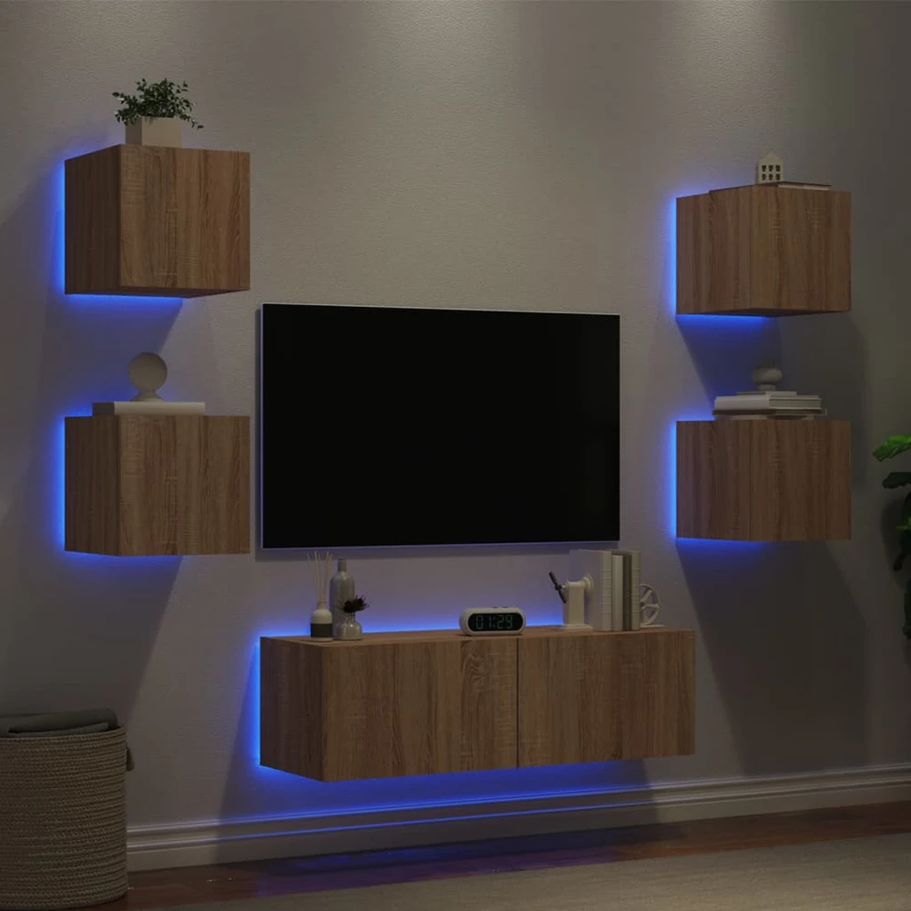 TV staliukas Sieninės TV spintelės su LED lemputėmis, 5 dalių, ąžuolo