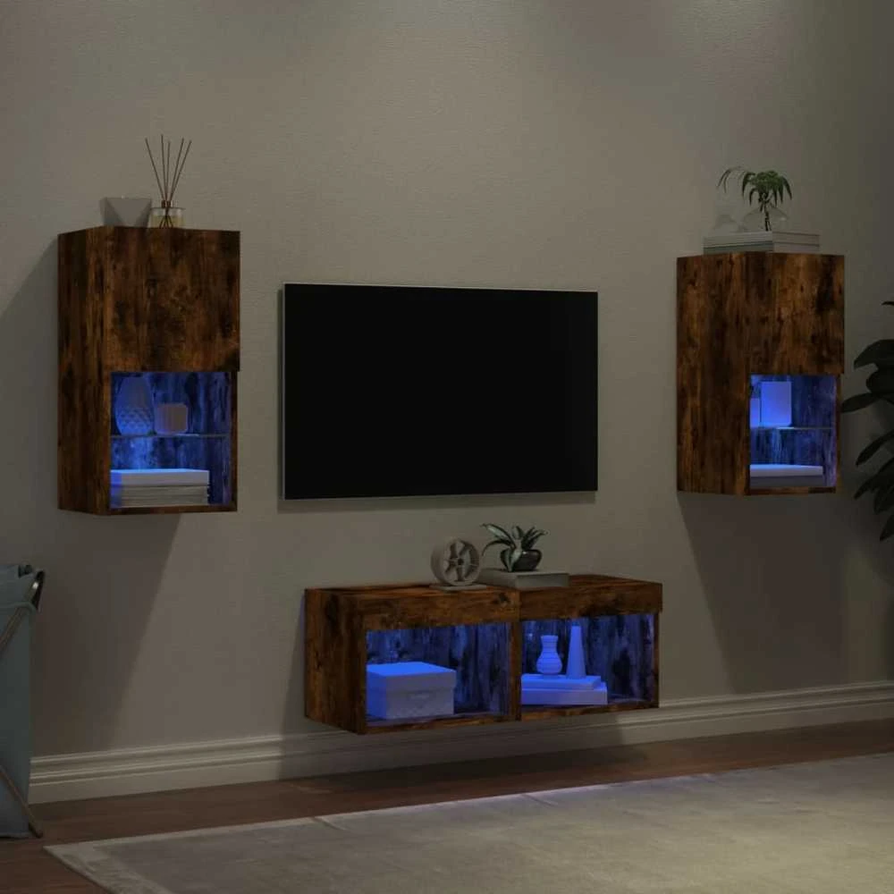 TV staliukas Sieninės TV spintelės su LED lemputėmis, 4 dalių, dūminės