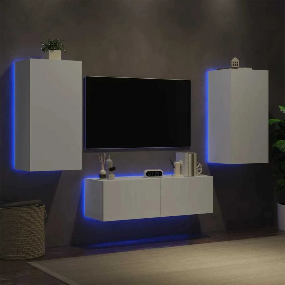 TV staliukas Sieninės TV spintelės su LED lemputėmis, 3 dalių, baltos