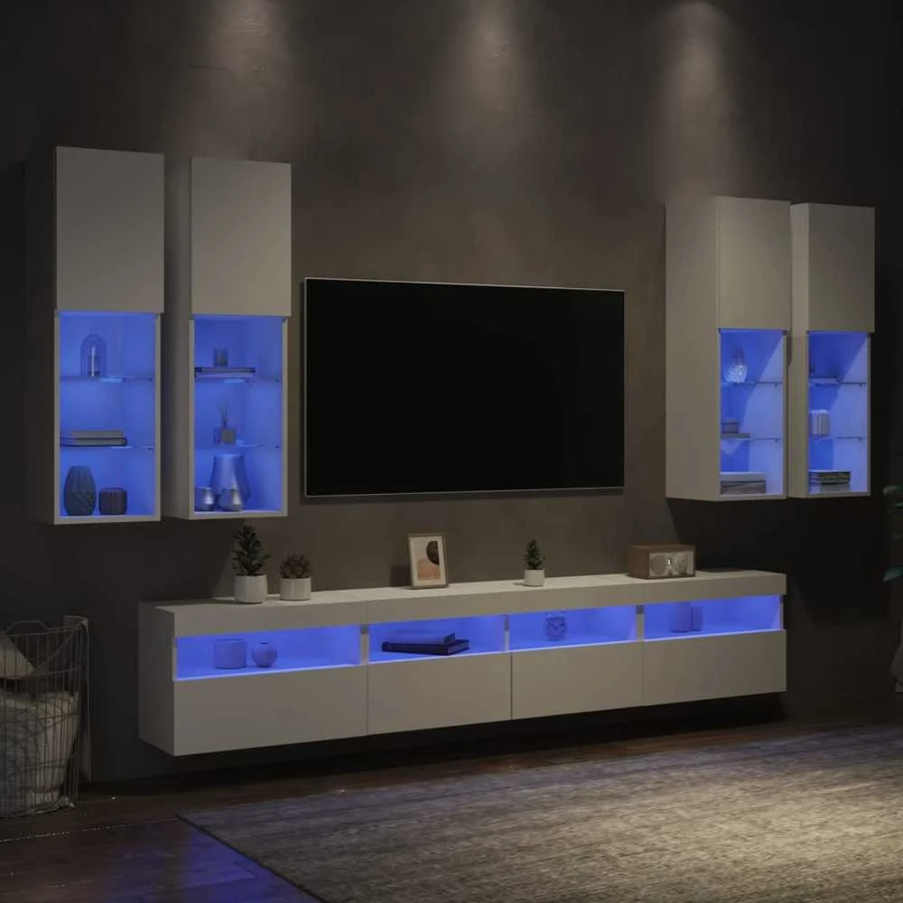 TV staliukas Sieninės TV spintelės su LED lemputėmis, 7vnt., baltos spalvos