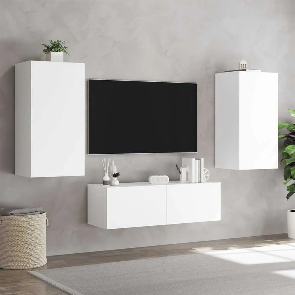 TV staliukas Sieninės TV spintelės su LED lemputėmis, 3 dalių, baltos