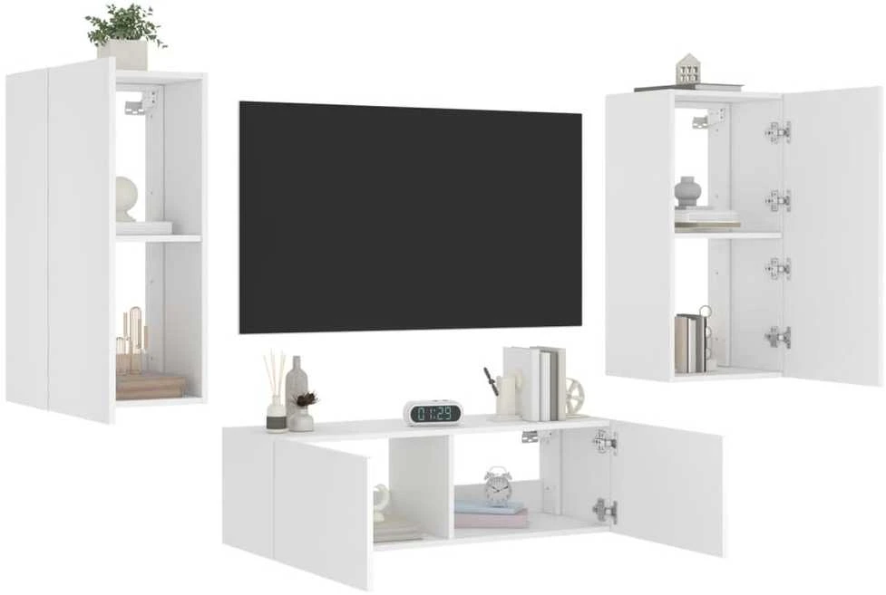 TV staliukas Sieninės TV spintelės su LED lemputėmis, 3 dalių, baltos