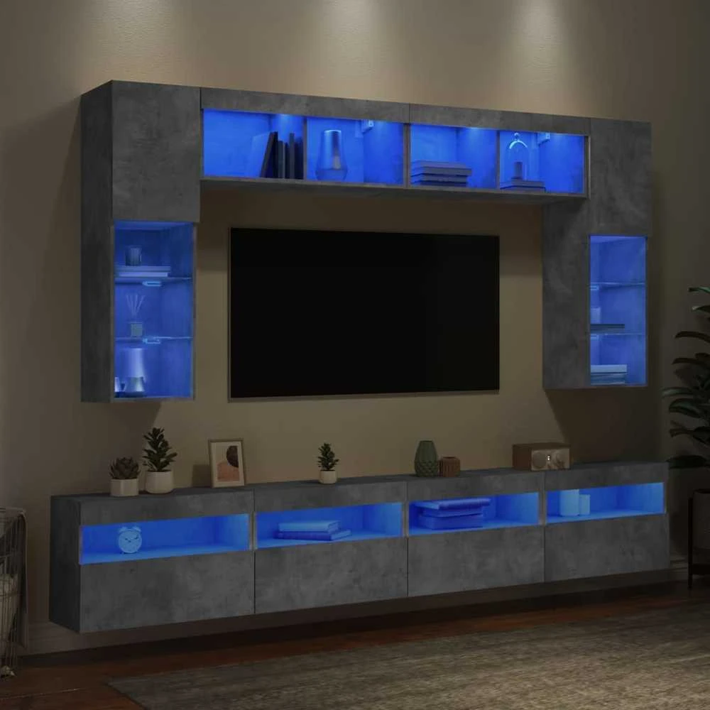 TV staliukas Sieninės TV spintelės su LED lemputėmis, 8vnt., betono pilkos