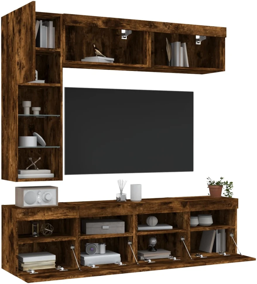 TV staliukas Sieninės TV spintelės su LED lemputėmis, 7vnt., dūminės ąžuolo
